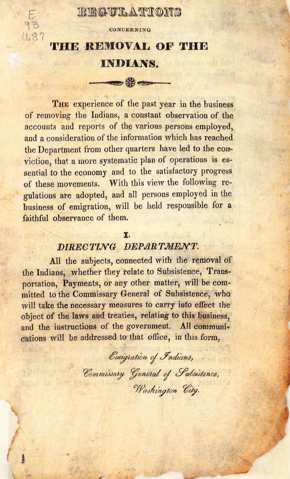 Regulations concerning the removal of the Indians, published by the United States War Department