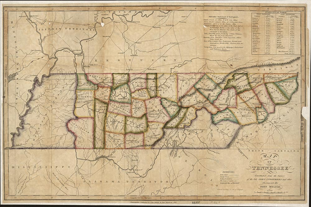 Map showing West Tennessee as Chickasaw territory and southeastern Tennessee as Cherokee territory, 1818