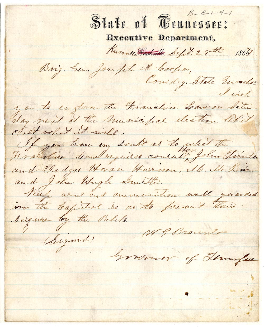 Letter from Governor William G. Brownlow ordering the state militia to enforce the franchise law