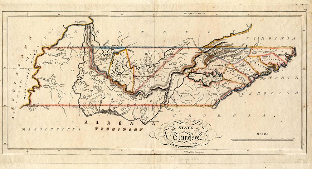 Tennessee in 1796; note the separation of East and Middle Tennessee by Indian territory.