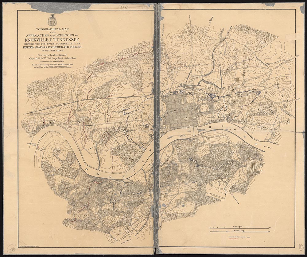 Topographical map showing the positions of the Union and Confederate forces during the 1863 Siege of Knoxville