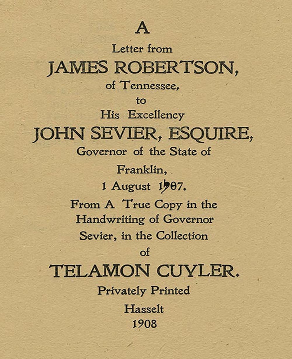 James Robertson letter to Governor John Sevier of State of Franklin