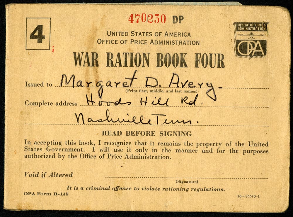 War ration book issued to Margaret D. Avery in Nashville pg1