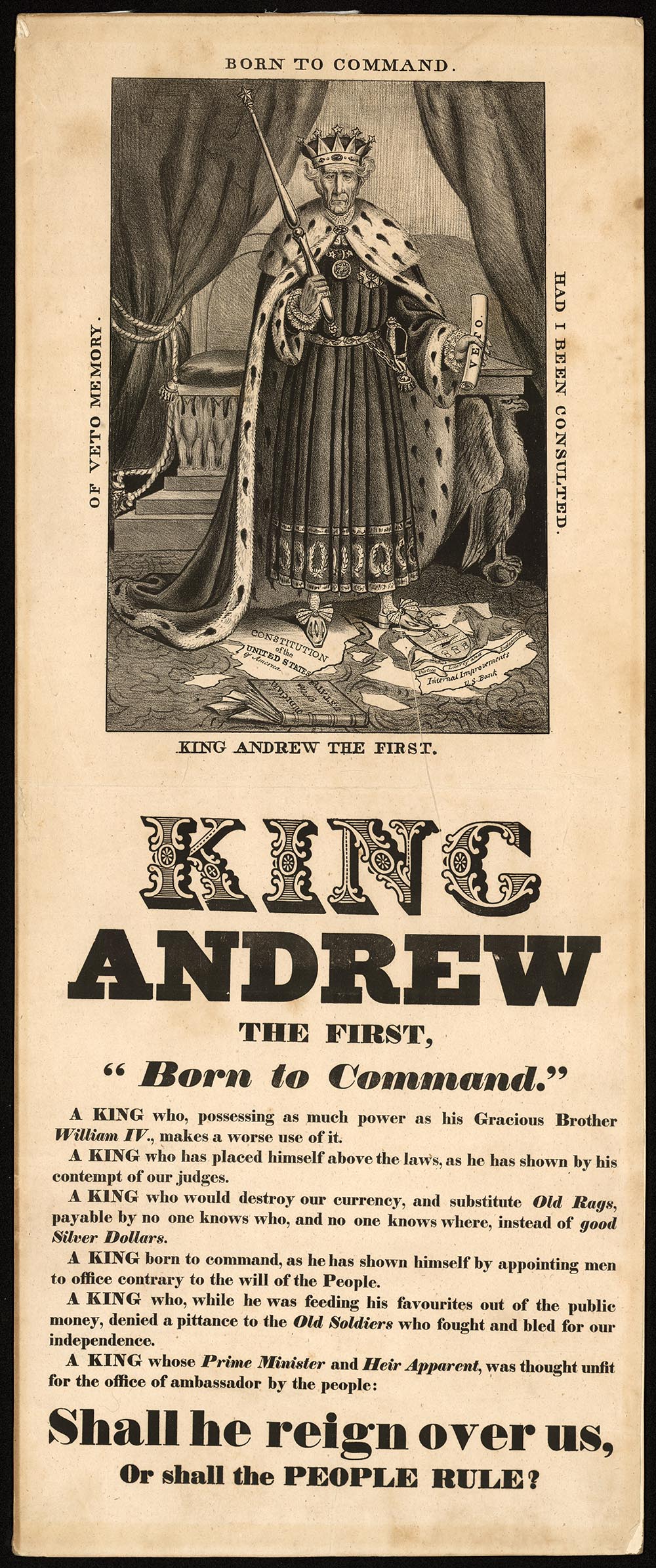 King Andrew the First, a political cartoon criticizing President Andrew Jackson