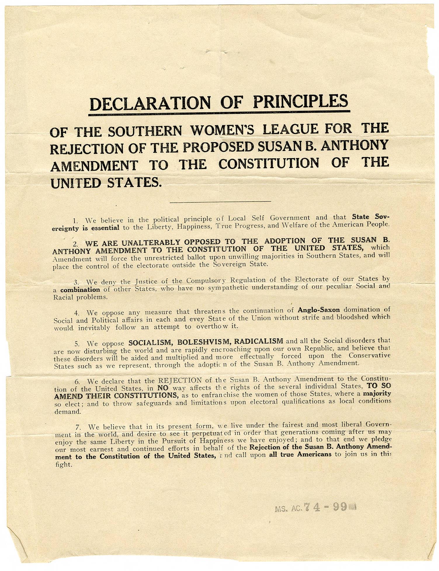 Anti-suffrage document issued by Southern Women’s League for the Rejection of the Susan B. Anthony Amendment