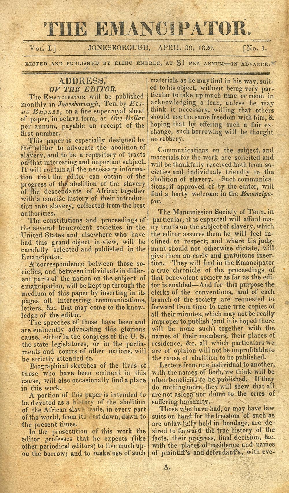 The Emancipator, one of America’s first anti-slavery newspapers
