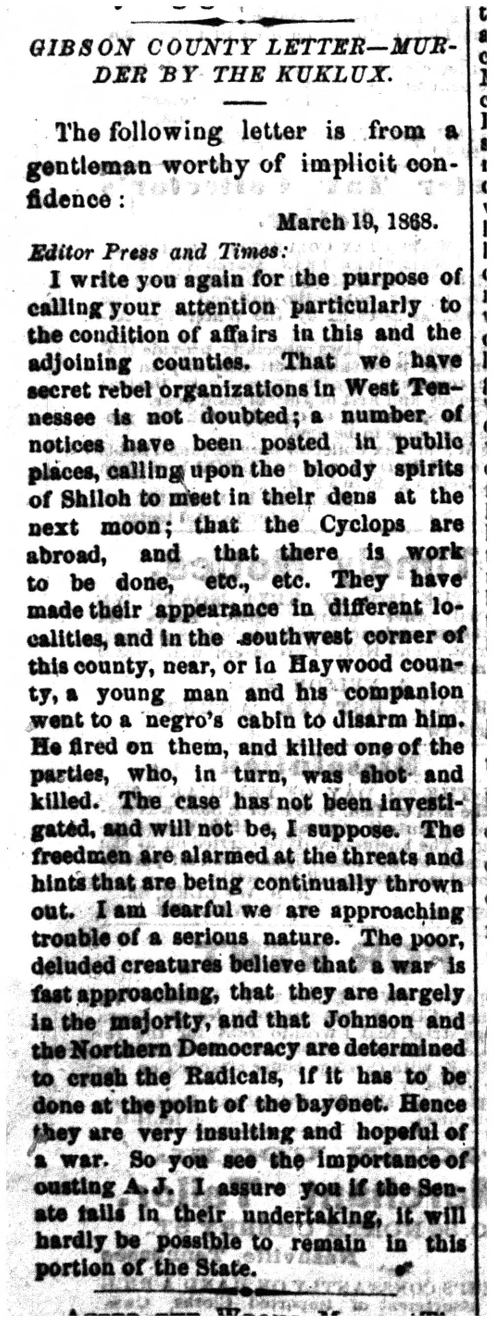 A letter to the editor reporting on a recent murder of an African American man in Gibson County, presumably committed by the Ku Klux Klan