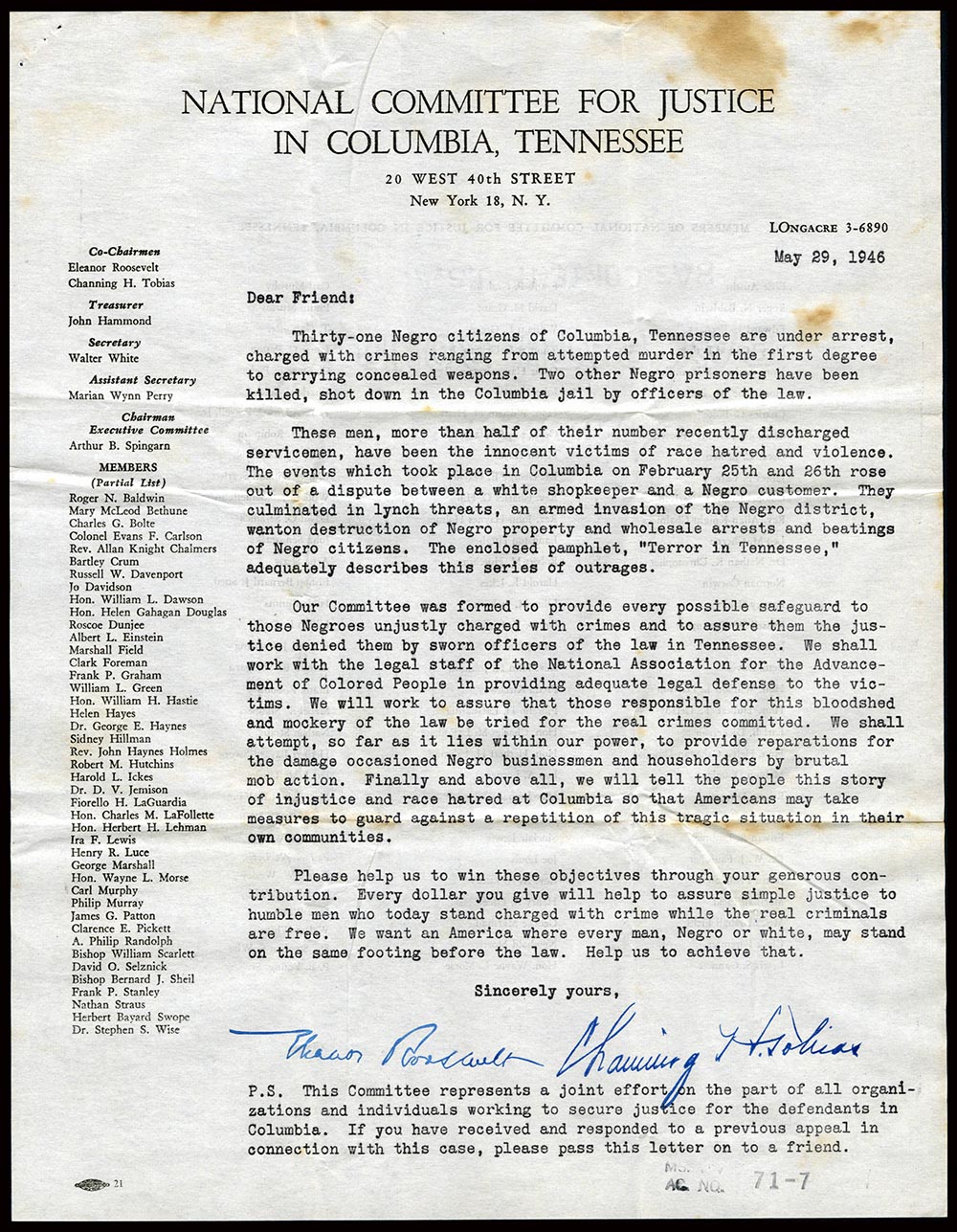 Signed by Eleanor Roosevelt, this letter advocated for funds to provide legal aid for African Americans involved in the Columbia Race Riot.