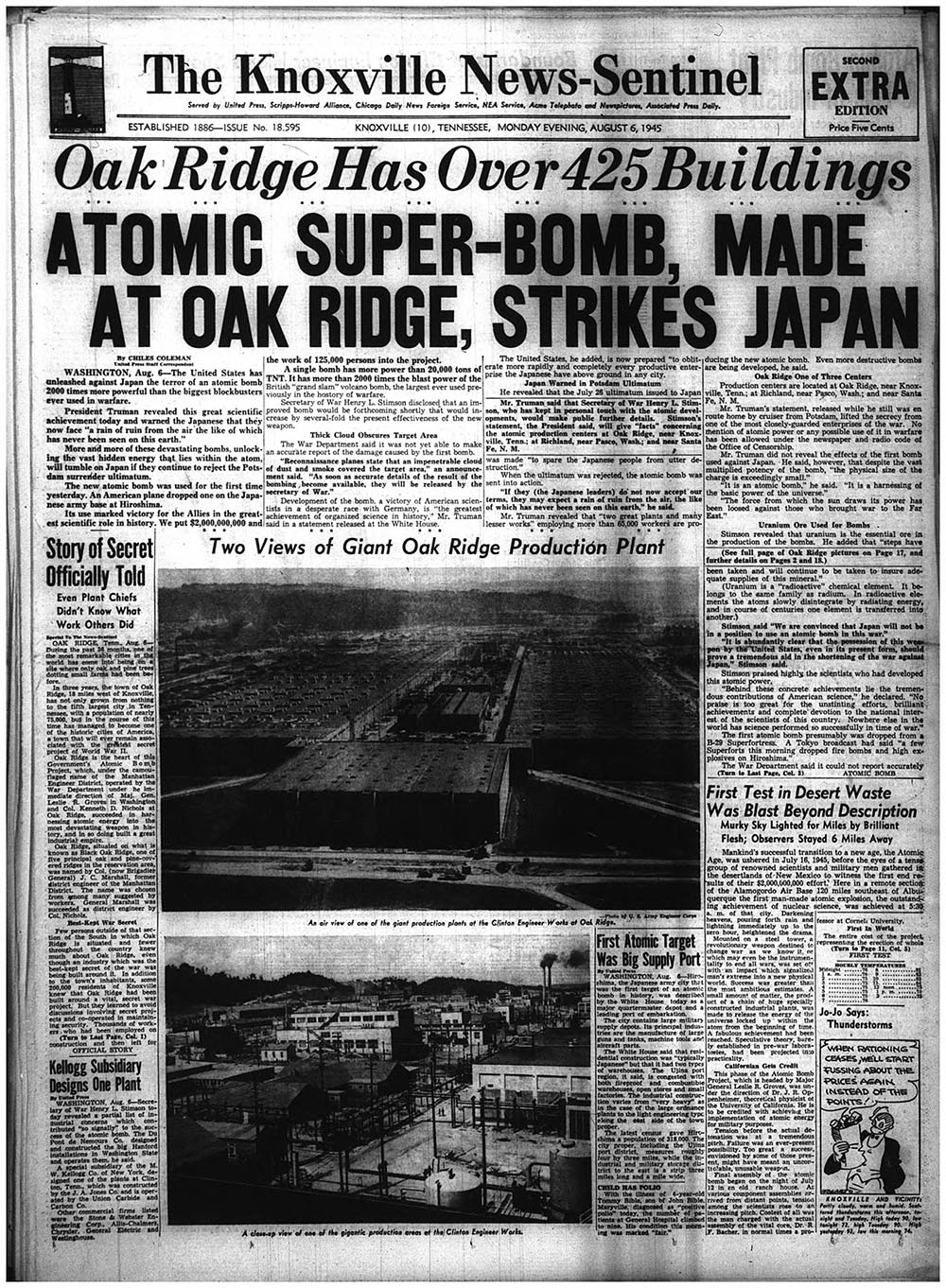 Front page of The Knoxville News-Sentinel on the day of the first nuclear bomb strike on Hiroshima, 1945
