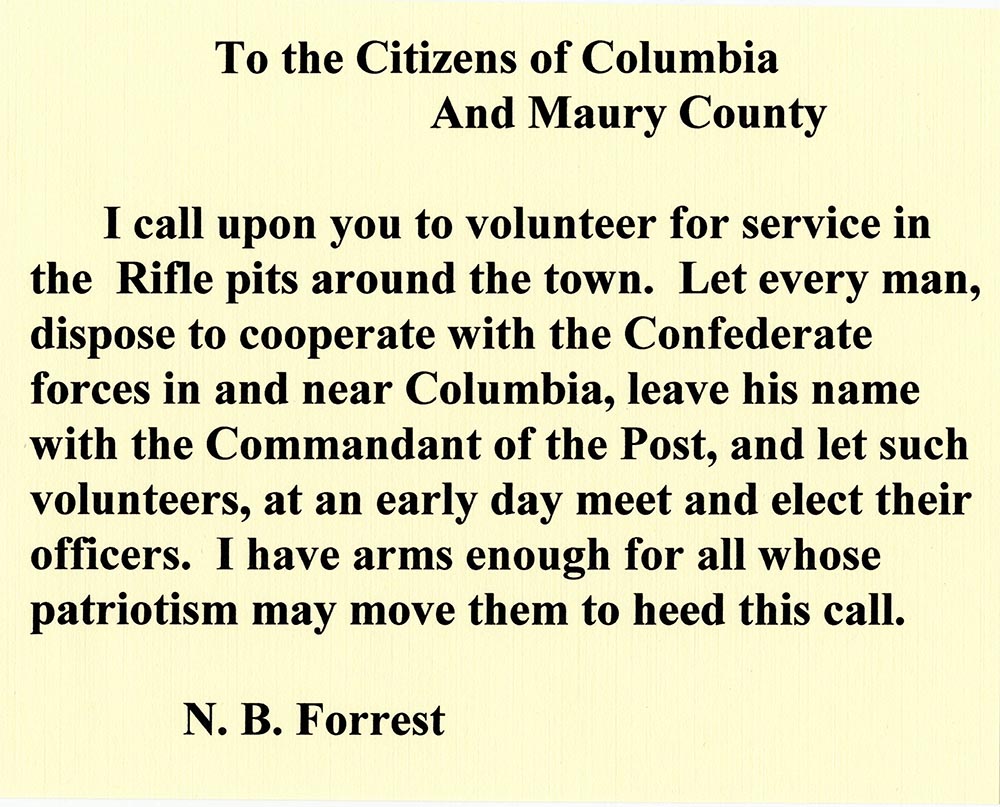 Recruitment flyer from Nathan Bedford Forrest to the citizens of Columbia and Maury County